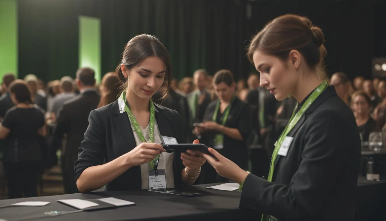 Attendees checking in at a conference desk with their phones