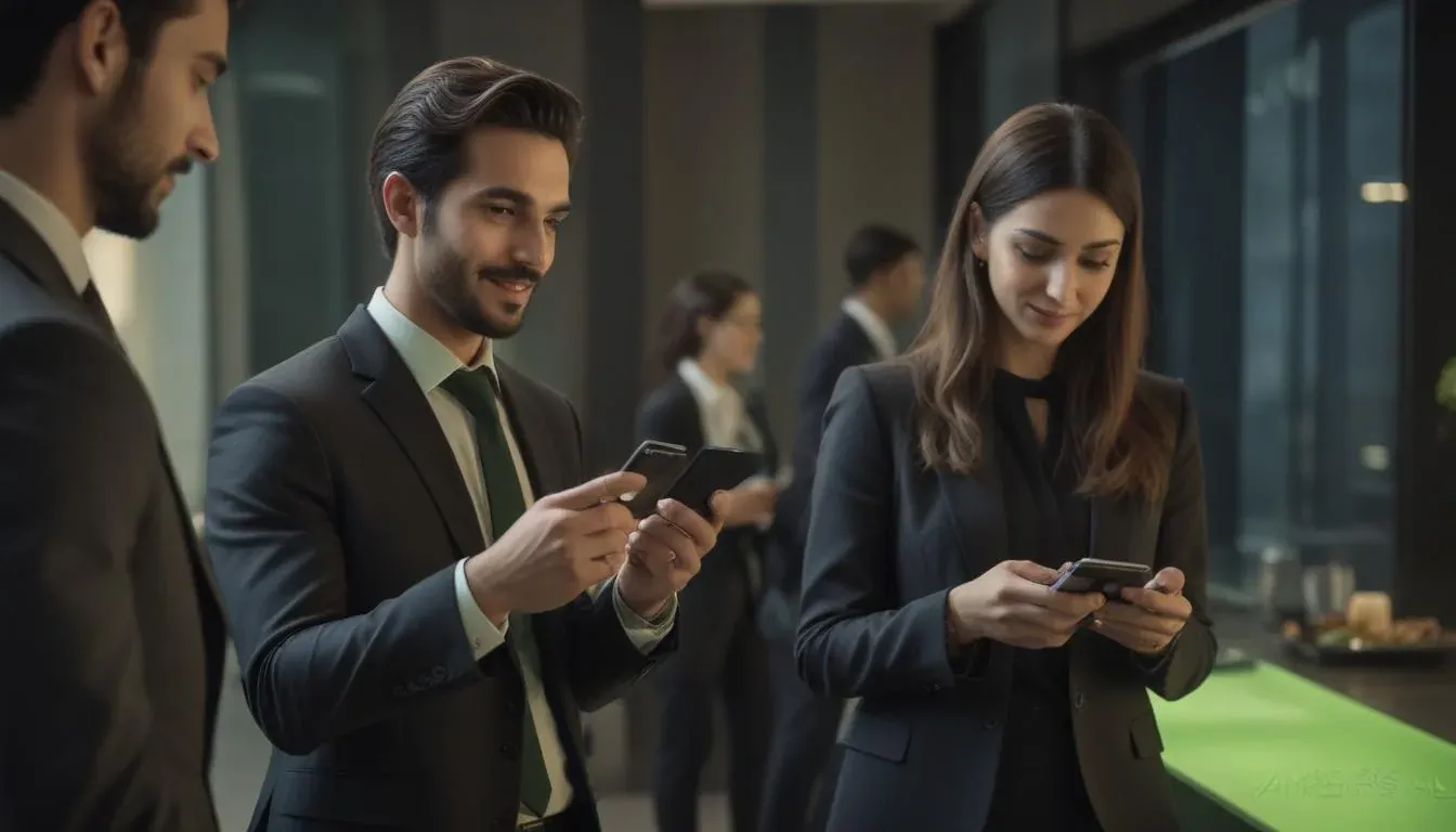 Business people sharing contact details with their phones at a networking event